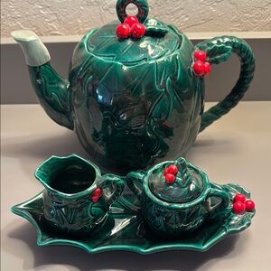 Vintage Lefton Christmas Ceramic Tea Set, Teapot, Cream/Sugar No Cracks or Chips